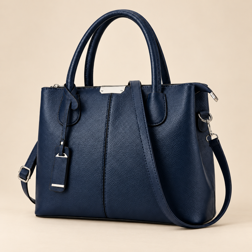 BAG 001 navy satchel — studio hero on cream background